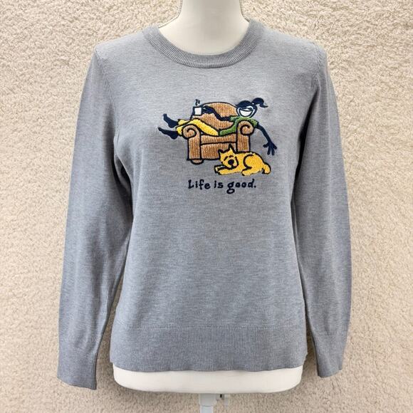 Life Is Good Knit Pullover Sweater Gray Size Medium Dog Girl Relax Coffee Lounge - Picture 1 of 10